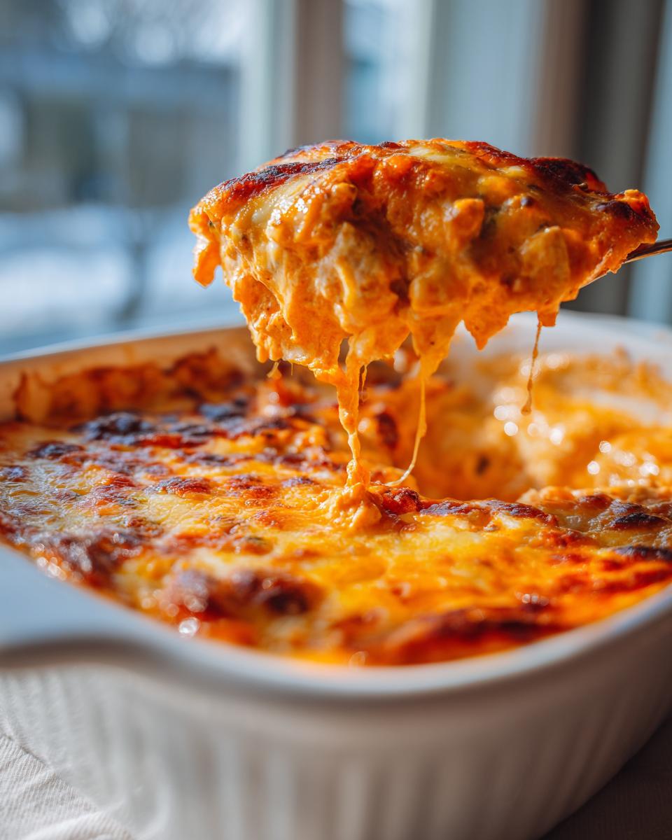 A spoonful of hot, cheesy Ultimate Buffalo Chicken Dip being lifted, showing long cheese pulls.