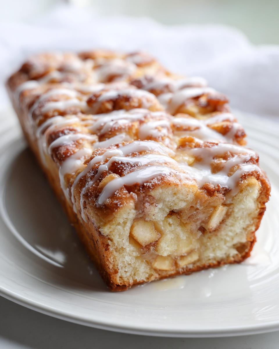 A loaf of freshly baked Apple Fritter Bread, drizzled with white icing, served on a white plate.
