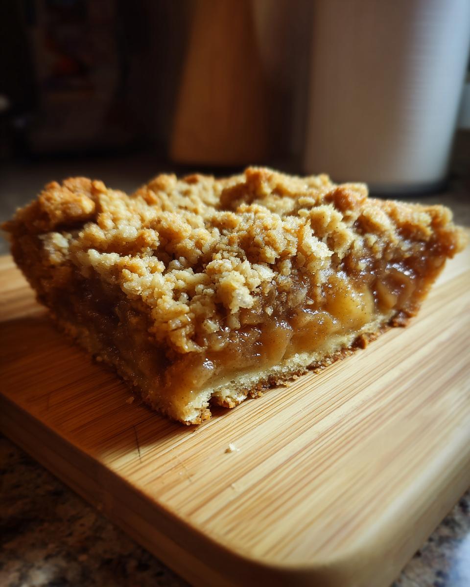 A close-up, cross-section view of a single serving of Apple Pie Bars showing the thick, gooey apple filling and crumbly topping.
