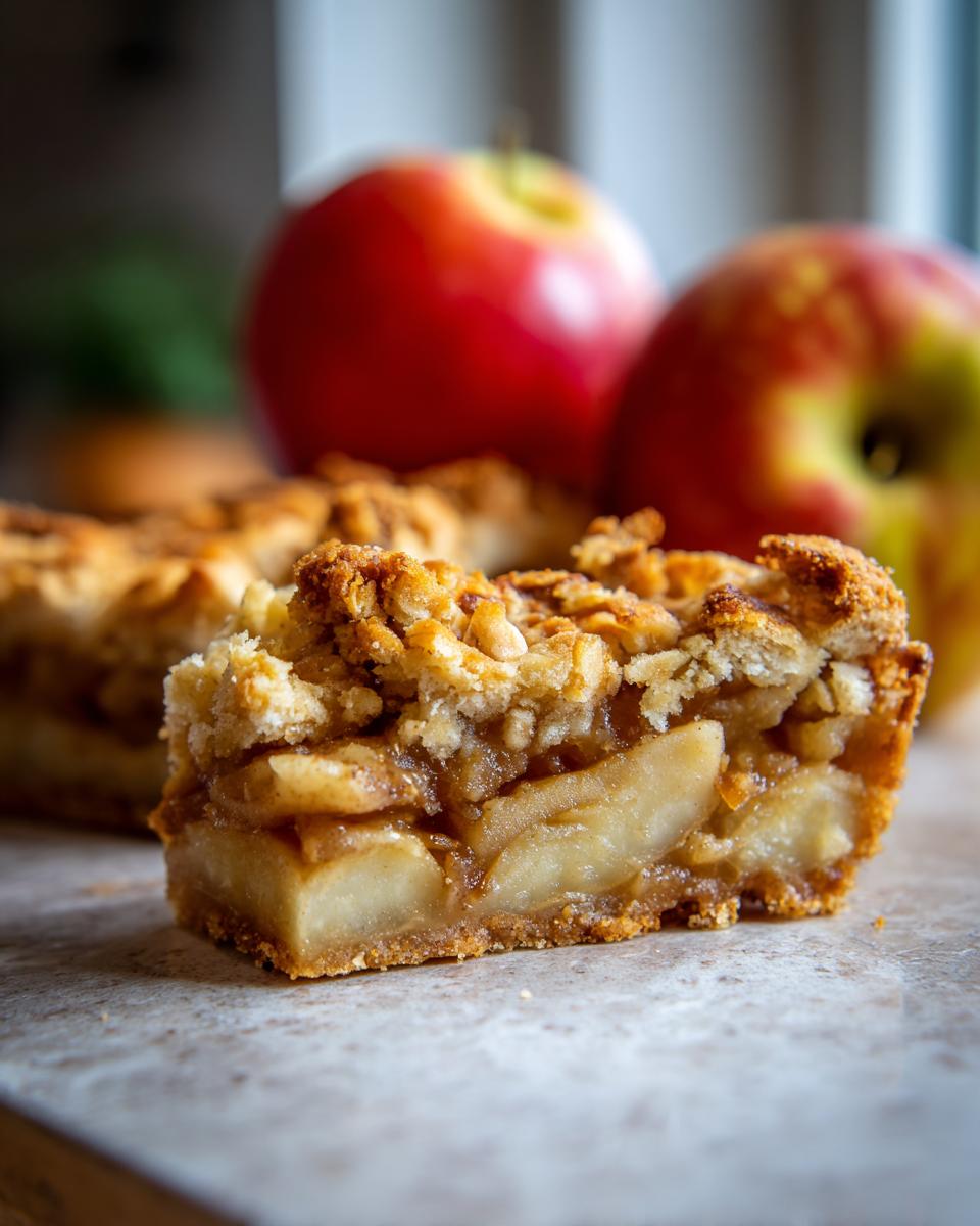 A close-up cross-section of a thick Apple Pie Bars slice showing caramelized apple filling and crumb topping.
