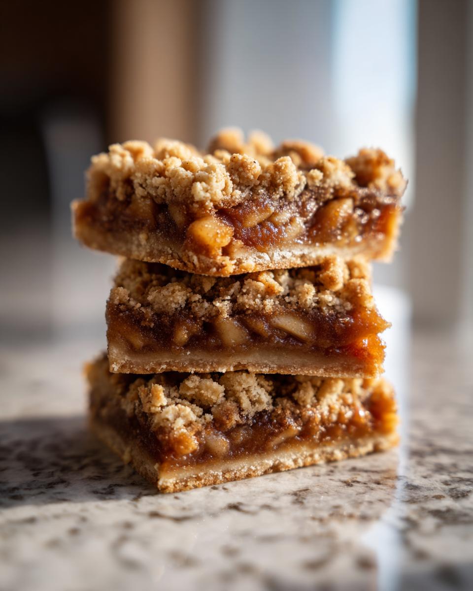 A stack of three rich, gooey Apple Pie Bars featuring a shortbread base and crumb topping.