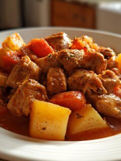 Close-up of a white bowl filled with rich Colombian Chicken Potato Stew, featuring chunks of chicken, potatoes, and tomato sauce.