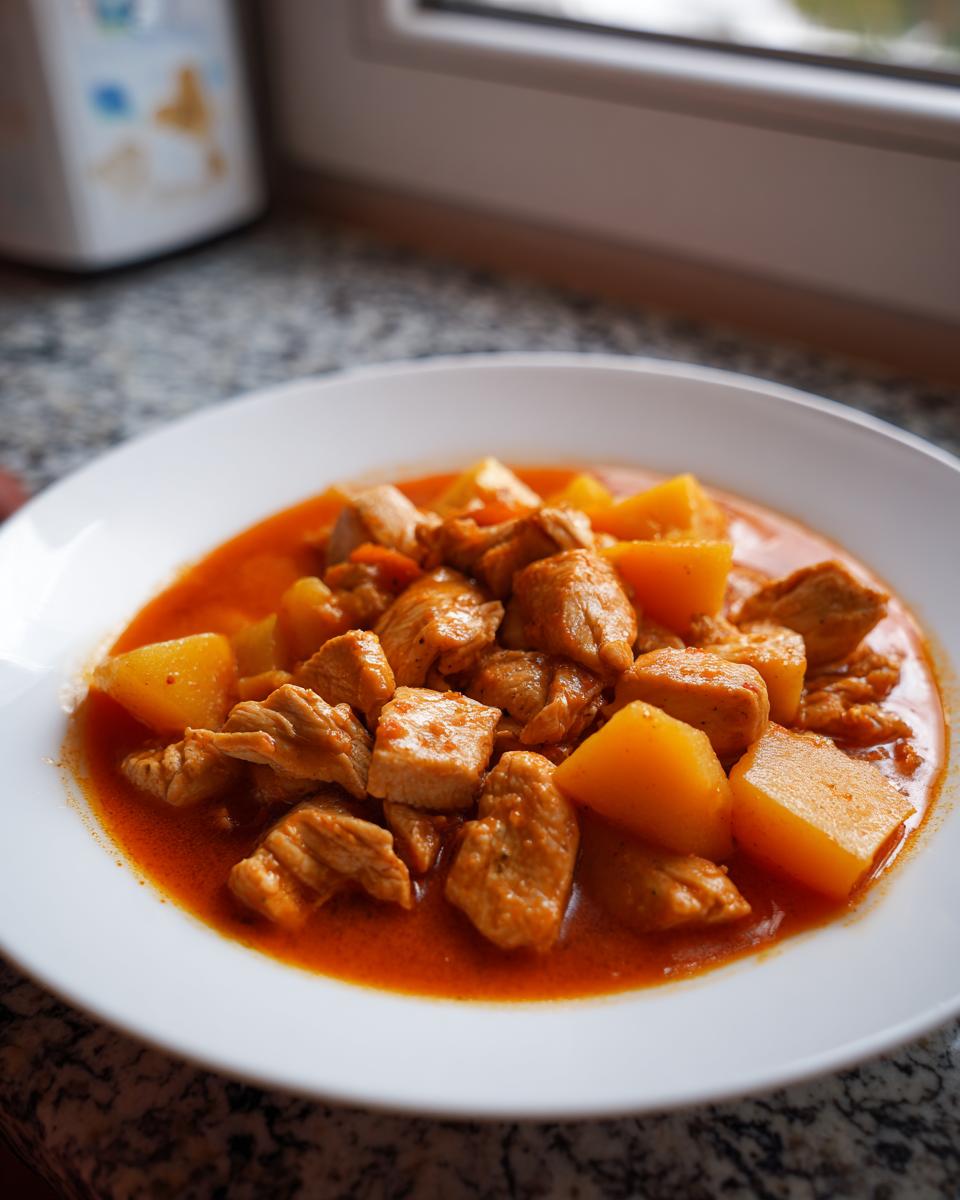 Close-up of a white bowl filled with Colombian Chicken Potato Stew, featuring chunks of chicken and potatoes in a rich, orange-red broth.