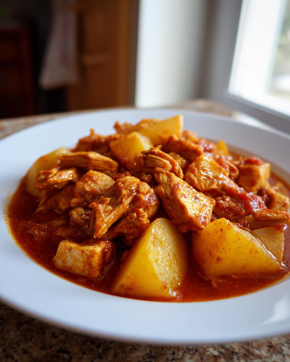 A close-up of a white bowl filled with rich, red Colombian Chicken Potato Stew featuring chunks of chicken and large potato wedges.