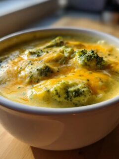 A close-up of a creamy Broccoli Potato Cheese Soup topped with melted cheddar cheese and fresh broccoli florets.