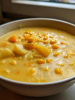 A close-up of a white bowl filled with creamy, yellow Corn Chowder featuring visible chunks of corn, potatoes, and carrots.
