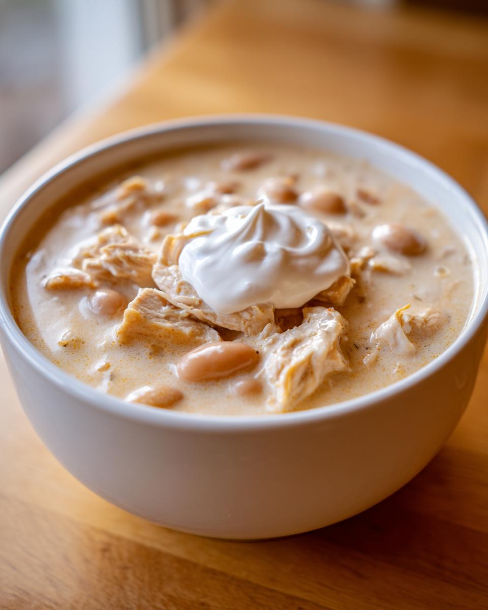 Close-up of a hearty bowl of White Chicken Chili, featuring shredded chicken, white beans, and a dollop of sour cream.