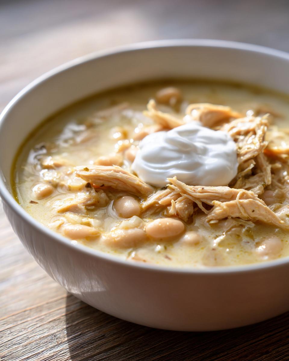 Close-up of a bowl of creamy White Chicken Chili topped with shredded chicken and a dollop of sour cream.
