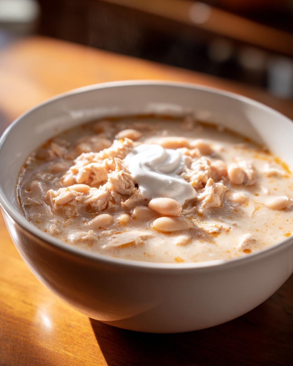 Close-up of a bowl of creamy White Chicken Chili topped with shredded chicken, white beans, and a dollop of sour cream.