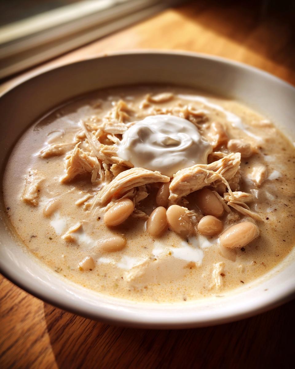 Close-up of a bowl of creamy White Chicken Chili topped with shredded chicken, white beans, and a dollop of sour cream.