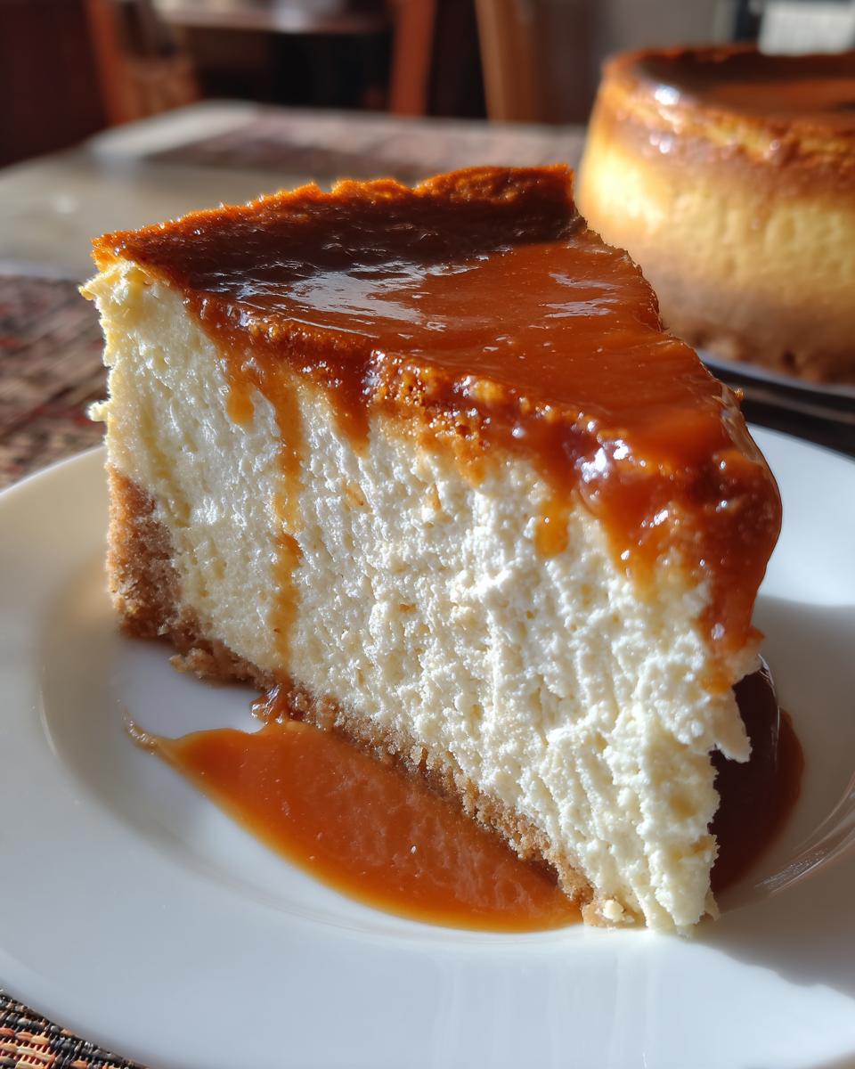 A thick slice of creamy Dulce De Leche Cheesecake topped with rich caramel sauce drizzling down the sides.