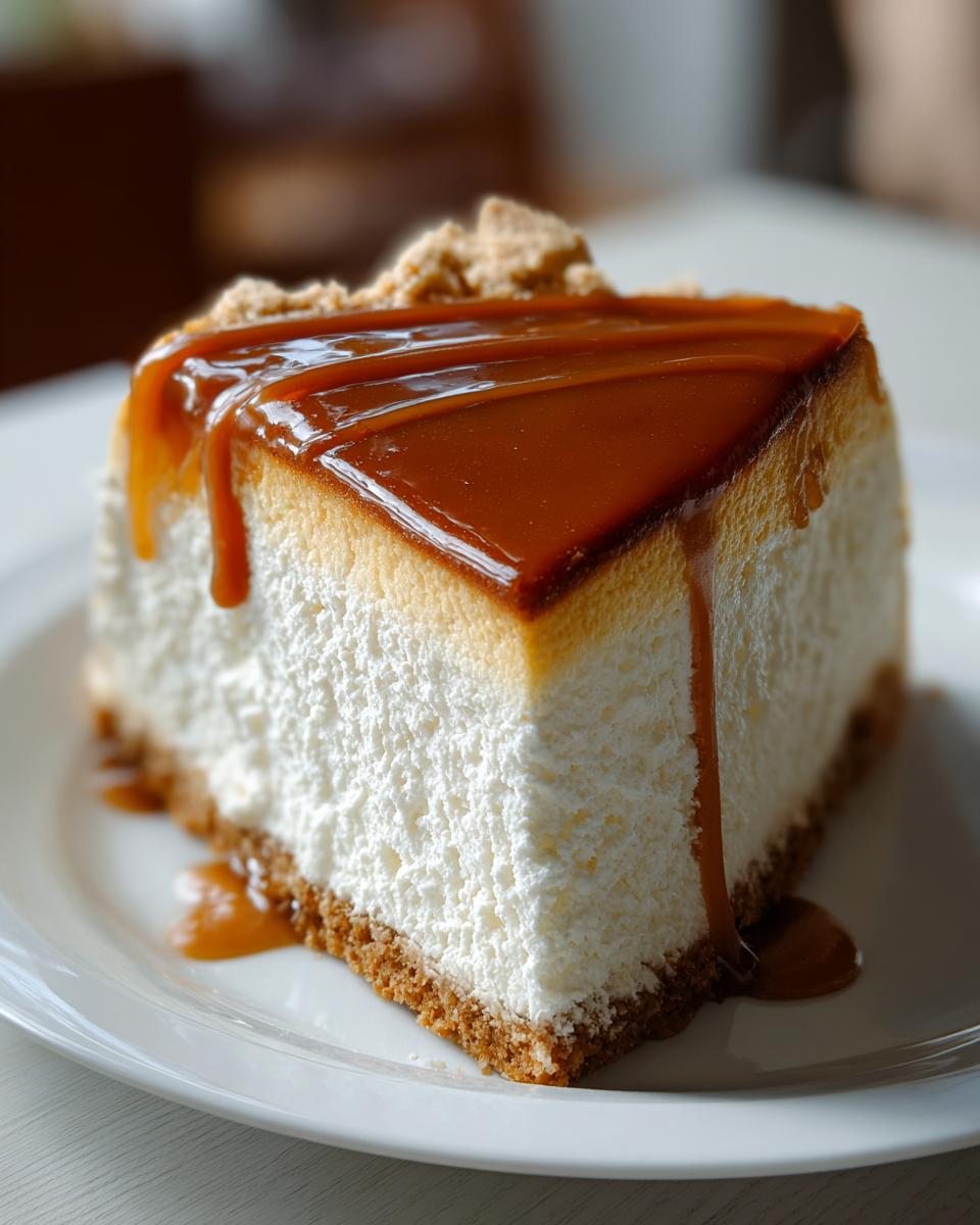 A close-up of a thick slice of creamy Dulce De Leche Cheesecake topped with rich caramel sauce dripping down the side.