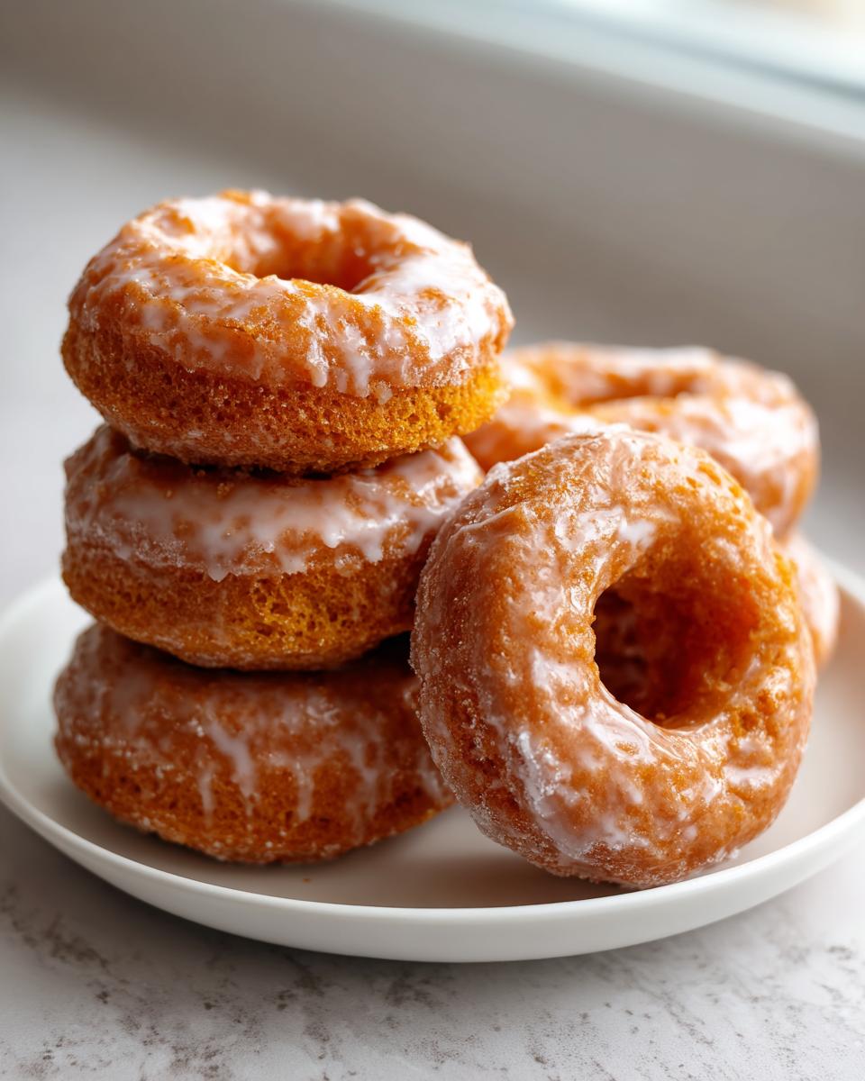 A stack of freshly baked, glazed Pumpkin Donuts resting on a white plate near a window.