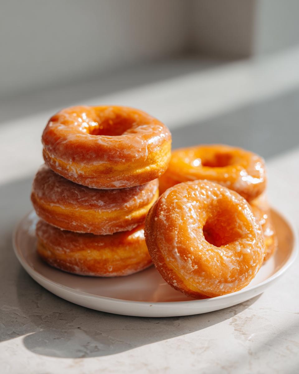 A stack of freshly glazed Pumpkin Donuts sitting on a small white plate, catching the sunlight.
