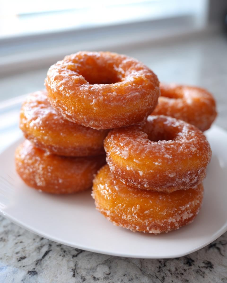 A close-up stack of freshly made, glazed Pumpkin Donuts resting on a white plate.