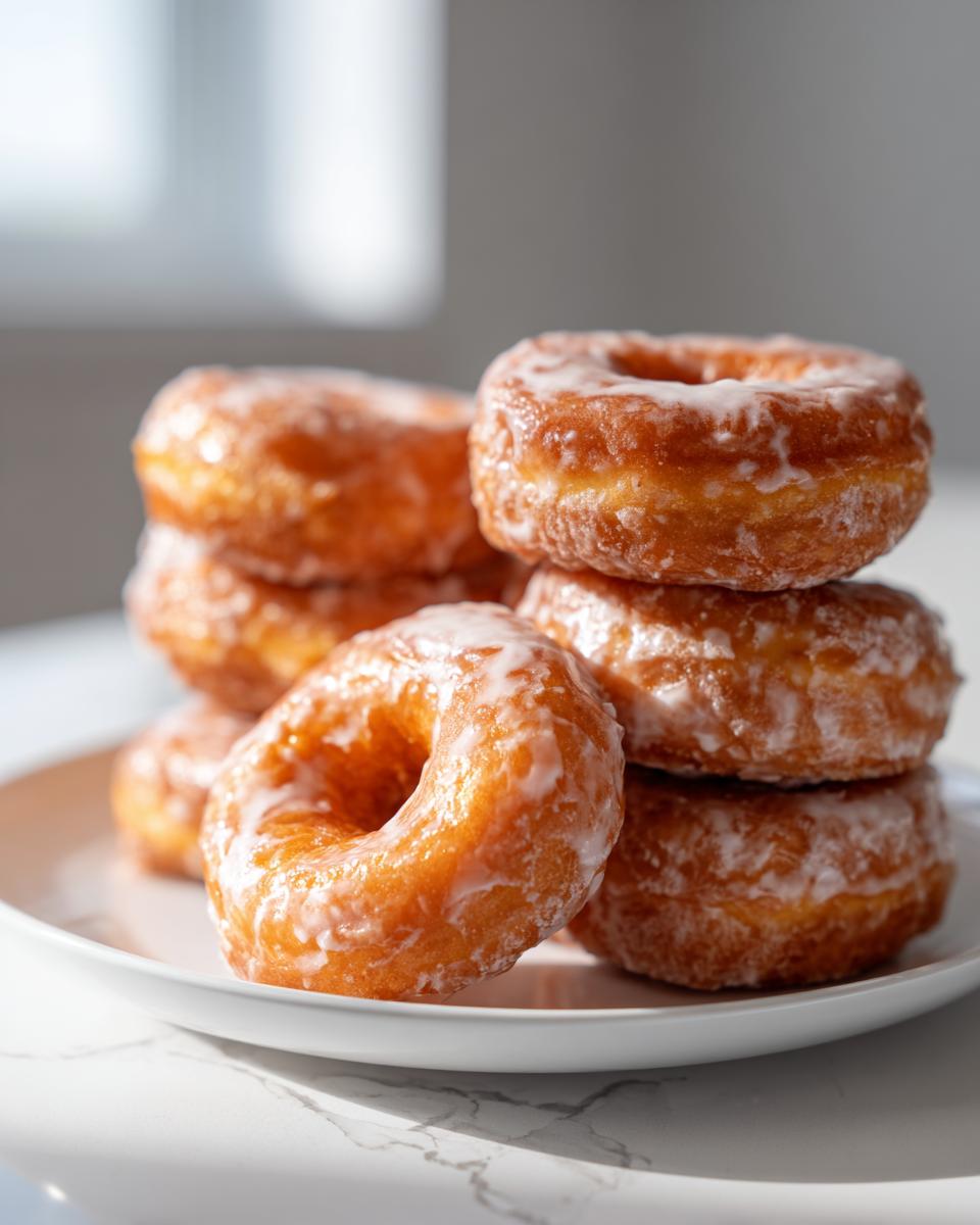 A close-up stack of six golden, glazed Pumpkin Donuts resting on a white plate.
