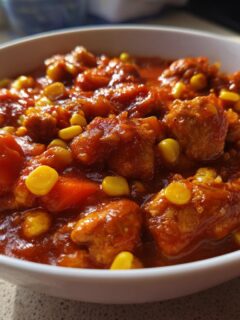 Close-up of a white bowl filled with rich, red Brunswick Stew featuring chunks of meat, sweet potatoes, and bright yellow corn kernels.