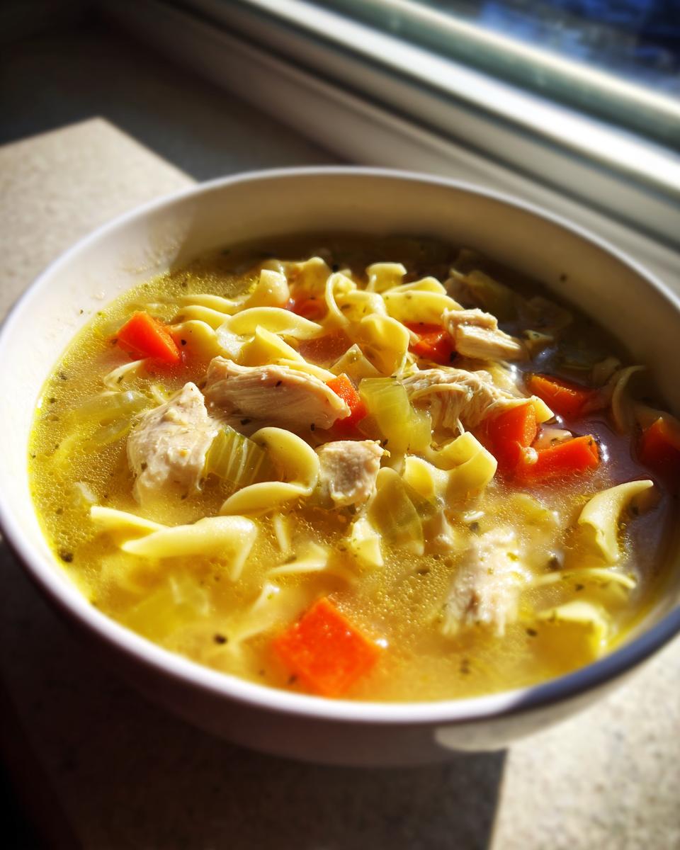 A close-up of a white bowl filled with steaming Chicken Noodle Soup, featuring chunks of chicken, bright orange carrots, and egg noodles in rich broth.