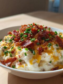 A white bowl filled with creamy Loaded Potato Soup, topped generously with shredded cheddar cheese, crispy bacon bits, and fresh chives.