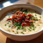 A close-up of a bowl of creamy Outback Potato Soup topped generously with crispy bacon bits and fresh green chives.