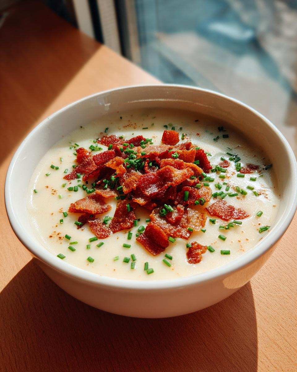 A close-up of a bowl of creamy Outback Potato Soup garnished generously with crispy bacon bits and fresh green chives.