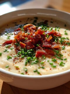 A close-up of a bowl of creamy Outback Potato Soup topped generously with crispy bacon bits and fresh green chives.
