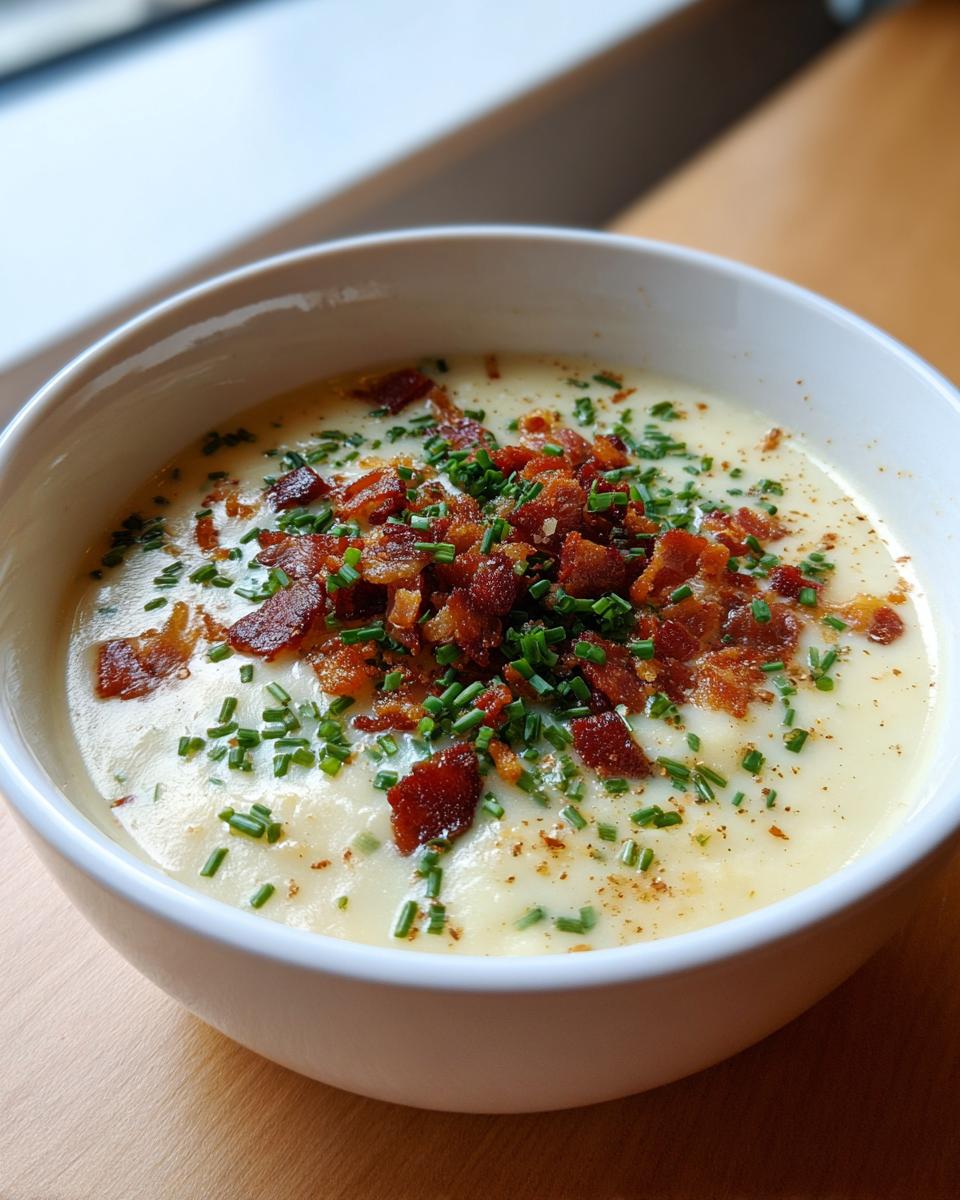 A close-up of a bowl of creamy Outback Potato Soup topped generously with crispy bacon bits and fresh green chives.