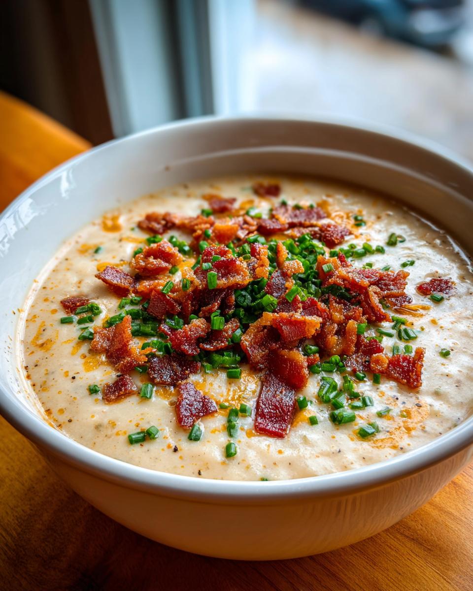 A close-up of a bowl of rich Outback Potato Soup topped generously with crispy bacon bits and fresh green chives.