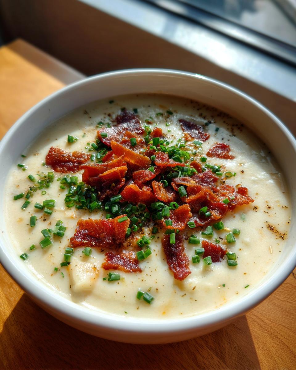 Close-up of a bowl of creamy Outback Potato Soup topped generously with crispy bacon bits and fresh chopped chives.