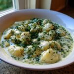 A close-up of a white bowl filled with Pierogi Dill Soup, featuring dumplings in a creamy broth heavily garnished with fresh dill.