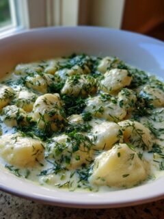 A close-up of a white bowl filled with Pierogi Dill Soup, featuring dumplings in a creamy broth heavily garnished with fresh dill.