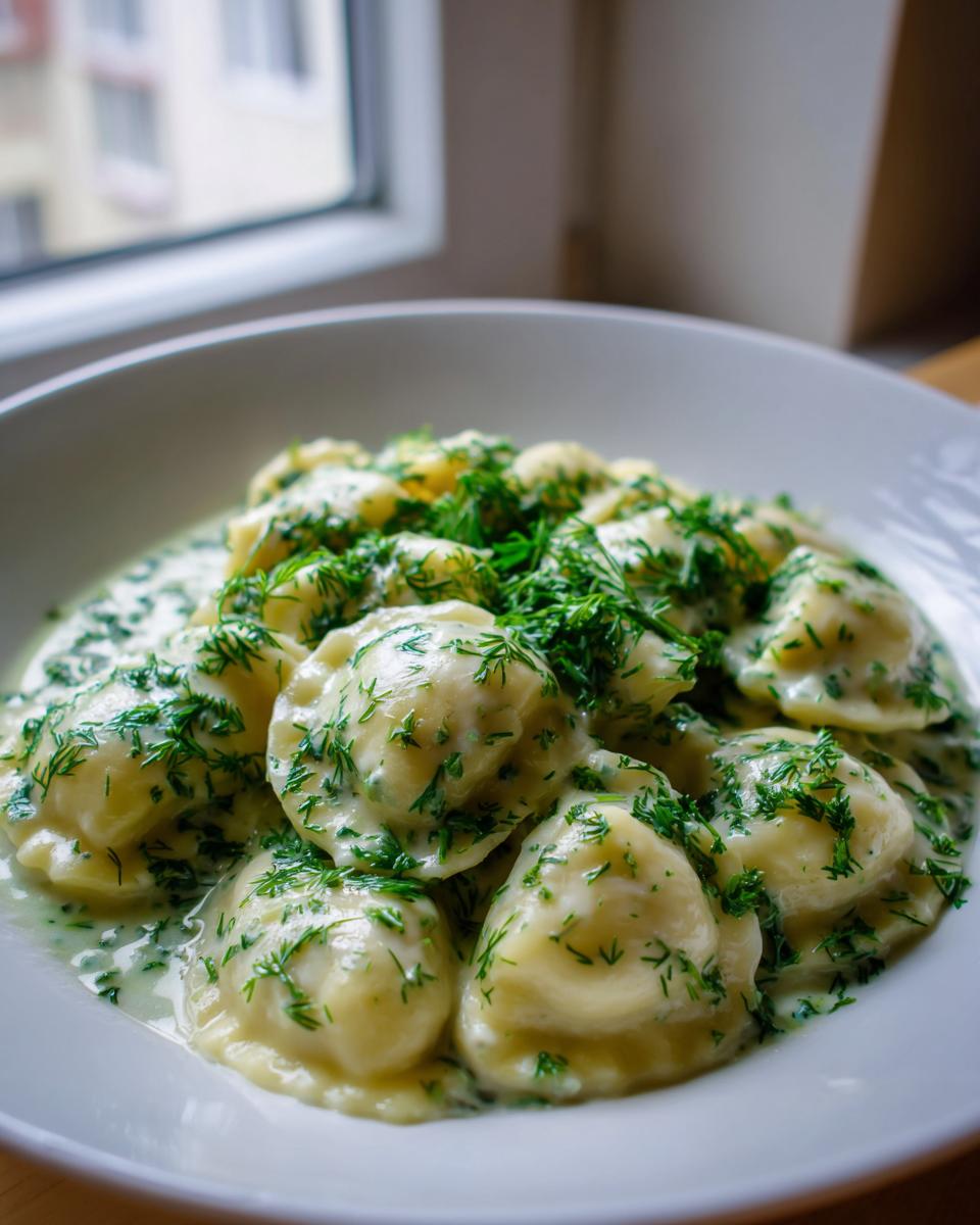 Close-up of pierogi dumplings served in a creamy sauce generously topped with fresh dill, part of the Pierogi Dill Soup recipe.