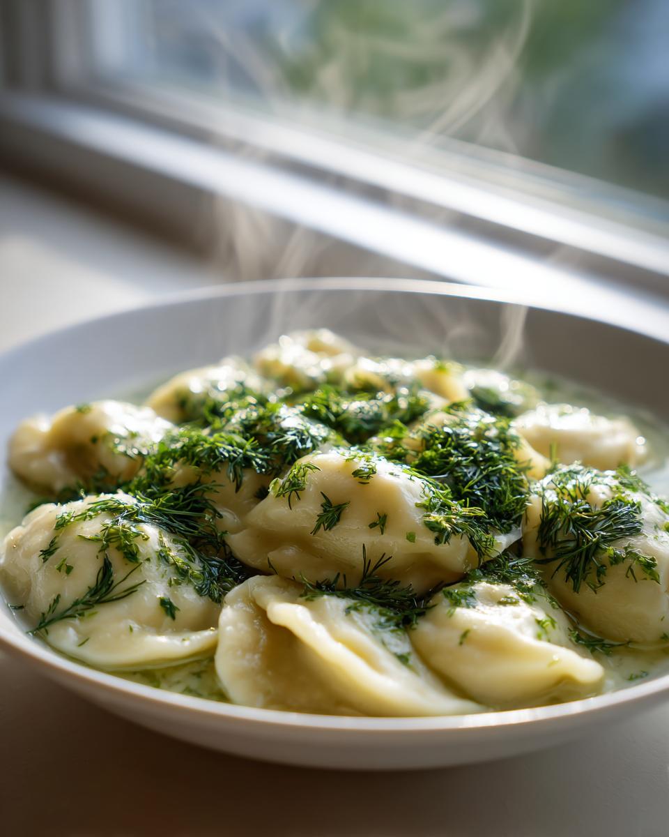 A close-up of a steaming bowl filled with Pierogi Dill Soup, topped generously with fresh chopped dill.