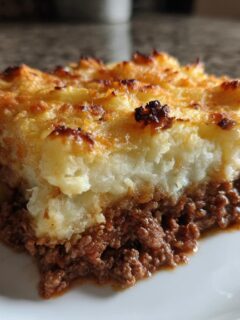 A close-up of a hearty slice of Shepherds Pie showing a rich meat base and a thick, golden-brown mashed potato topping.