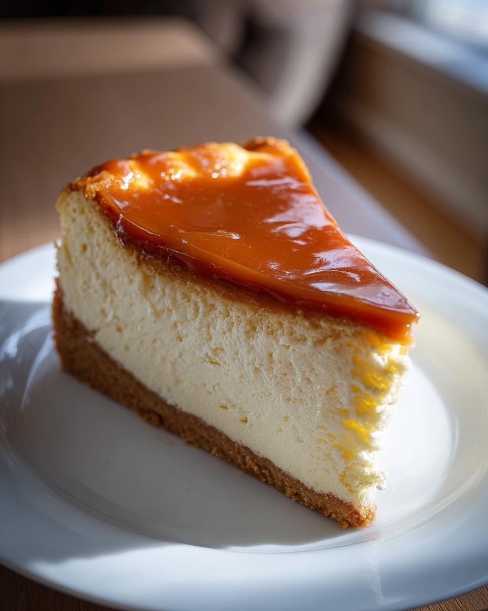A perfect slice of creamy Dulce De Leche Cheesecake topped with glossy caramel sauce, served on a white plate.