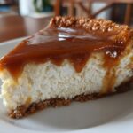 A close-up of a creamy slice of Dulce De Leche Cheesecake topped with rich, dripping caramel sauce.