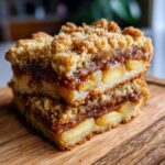Two stacked Apple Pie Bars showing a thick layer of spiced apple filling and a crunchy crumble topping.