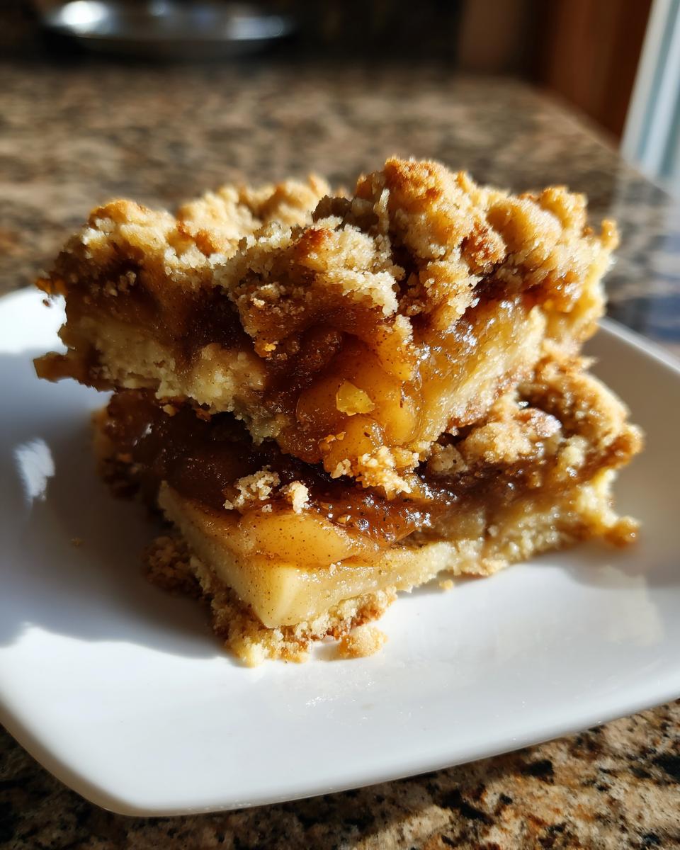 Close-up of two stacked Apple Pie Bars showing a thick layer of spiced apple filling and a golden crumble topping.