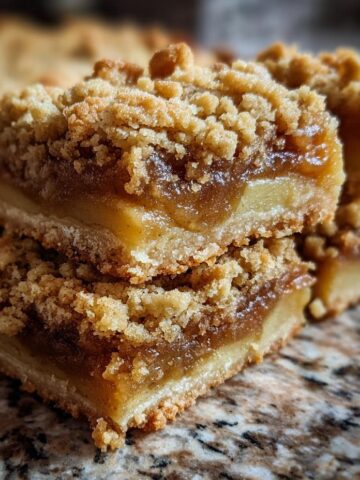 Two stacked, thick Apple Pie Bars showing a buttery crust, gooey apple filling, and a crumbly streusel topping.