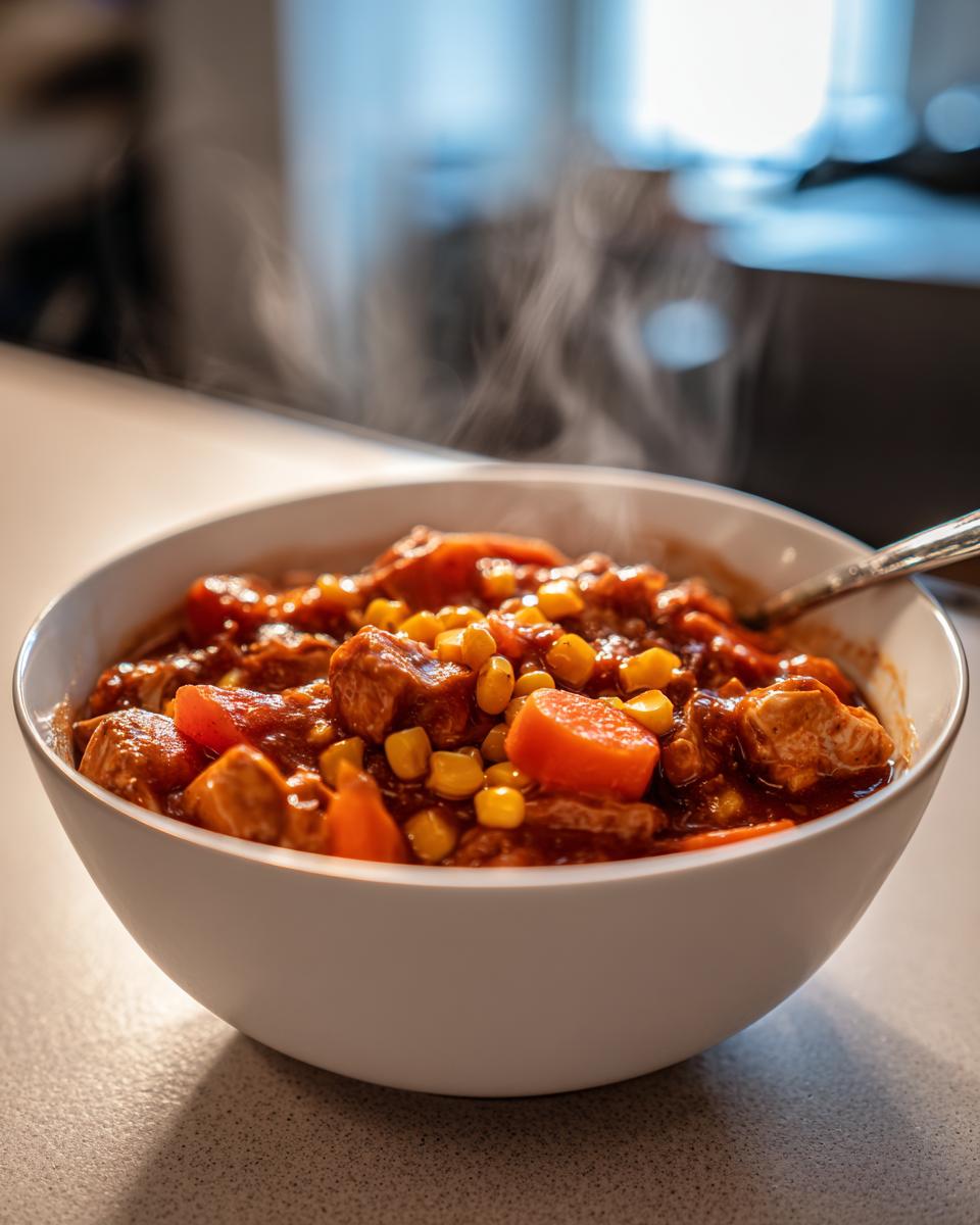A steaming white bowl filled with rich, chunky Brunswick Stew, featuring visible pieces of meat, carrots, and bright yellow corn kernels.