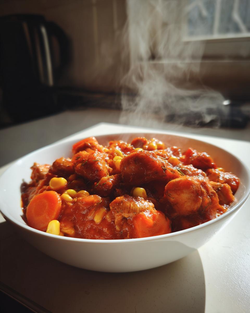 Close-up of a steaming white bowl filled with rich, tomato-based Brunswick Stew featuring chunks of meat, sliced carrots, and corn kernels.