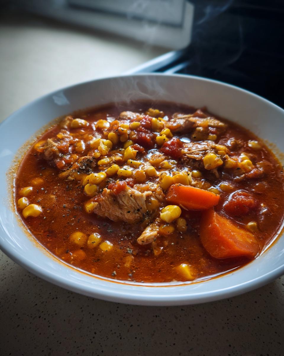 Close-up of a steaming white bowl filled with rich, red Brunswick Stew featuring chunks of meat, bright yellow corn, and large pieces of carrot.