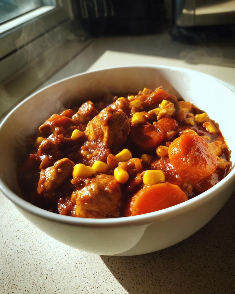 Close-up of a steaming white bowl filled with rich, savory Brunswick Stew containing chunks of meat, carrots, and bright yellow corn kernels.