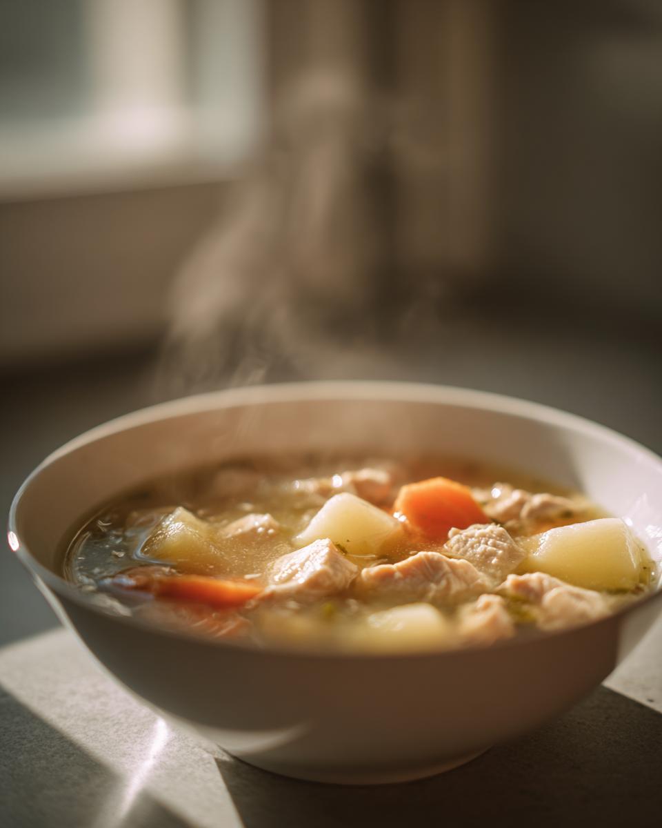 Close-up of a steaming white bowl filled with hearty Chicken Potato Soup, showing chunks of chicken, potatoes, and carrots.