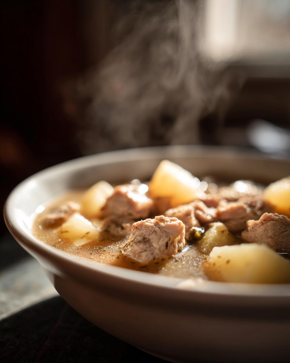 Close-up of a steaming white bowl filled with hearty Chicken Potato Soup, showing chunks of chicken and potatoes in broth.
