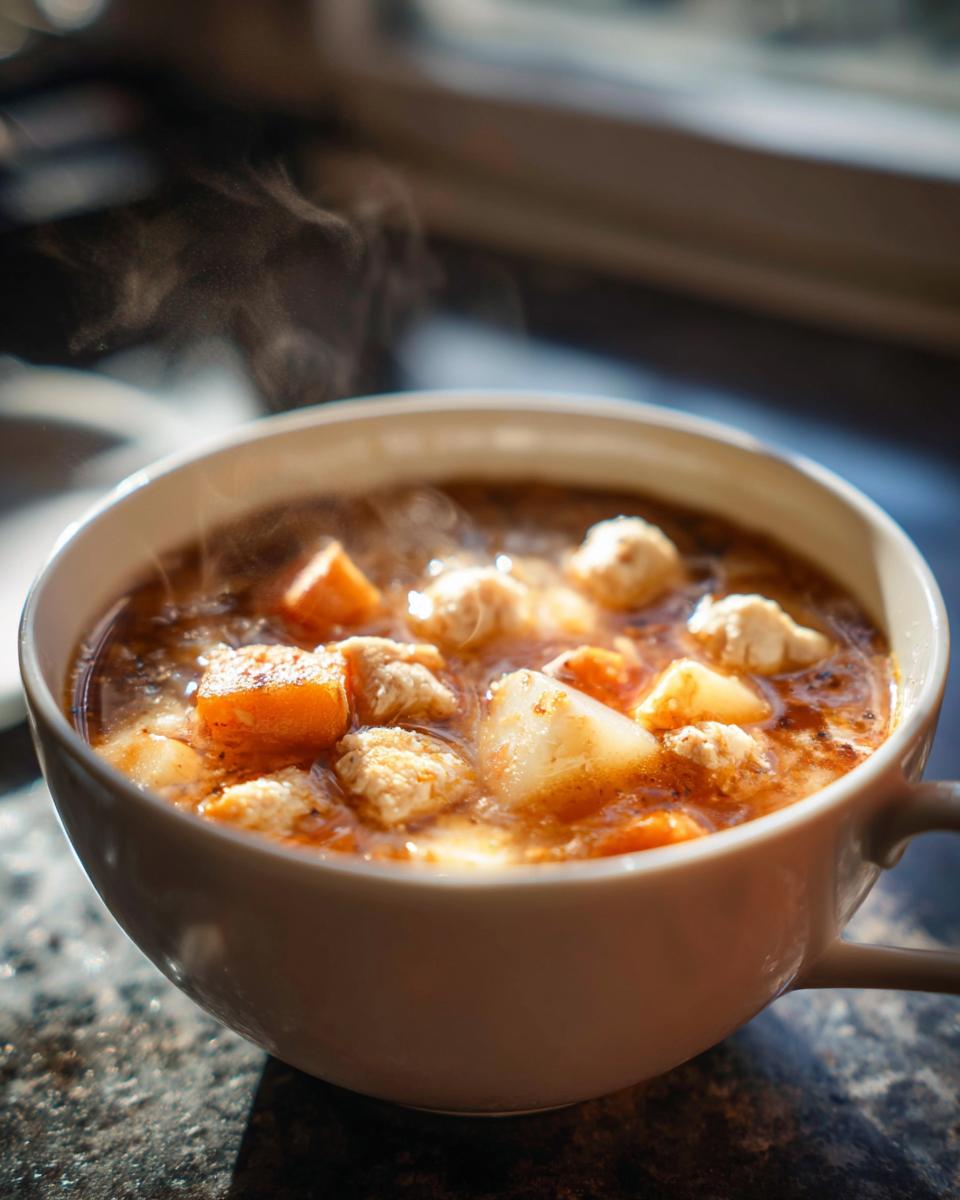 Close-up of a steaming white bowl filled with hearty Chicken Potato Soup, showing chunks of chicken, potato, and carrots.