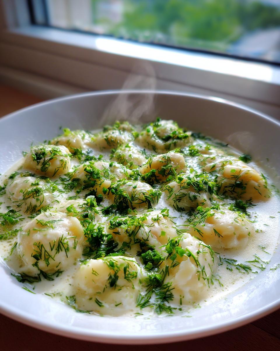 Close-up of a steaming bowl of Pierogi Dill Soup, featuring dumplings in a creamy broth topped generously with fresh dill and chives.
